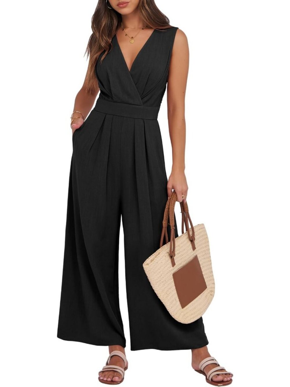 Chic Women's Linen Sleeveless Wrap Jumpsuit - Perfect for Summer & Casual